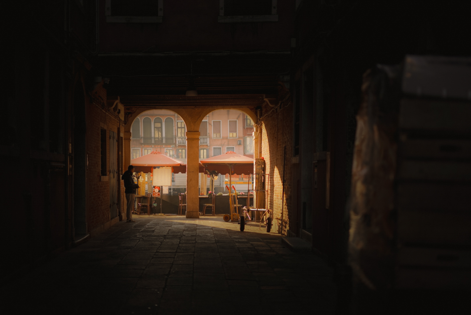 Workers at sunrise in Venice